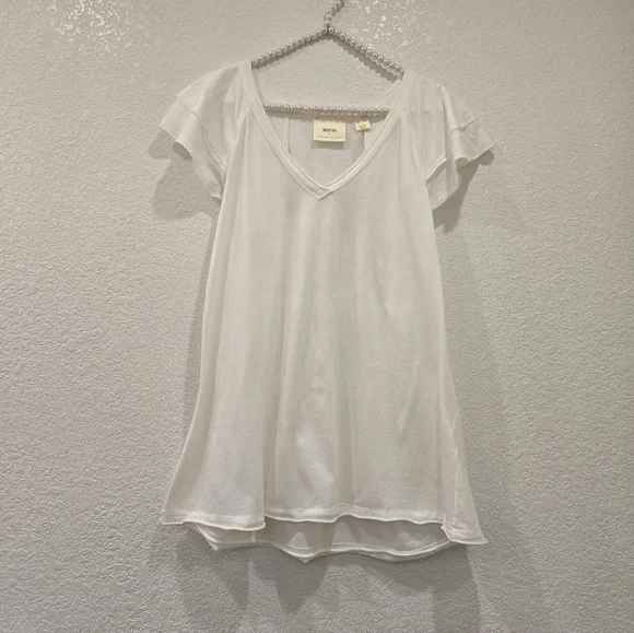 Anthropologie Maeve Catie white V-neck flutter sleeve tee shirt Size L - Picture 4 of 6